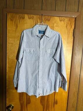 Vintage Wrangler Western Shirt Men's Large Blue & White Striped Pearl Snap Long